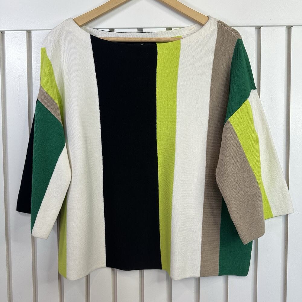 Worthington Women M Colorblock Sweater Green Lime Black Cream Mod Boat Neck Crop